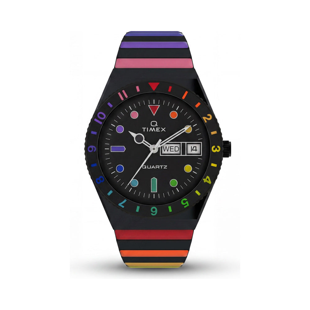 Reloj Timex Q Rainbow de 36 mm para mujer, de acero inoxidable negro, de cuarzo, con cristal mineral, resistente al agua hasta 50 m y correa extensible.