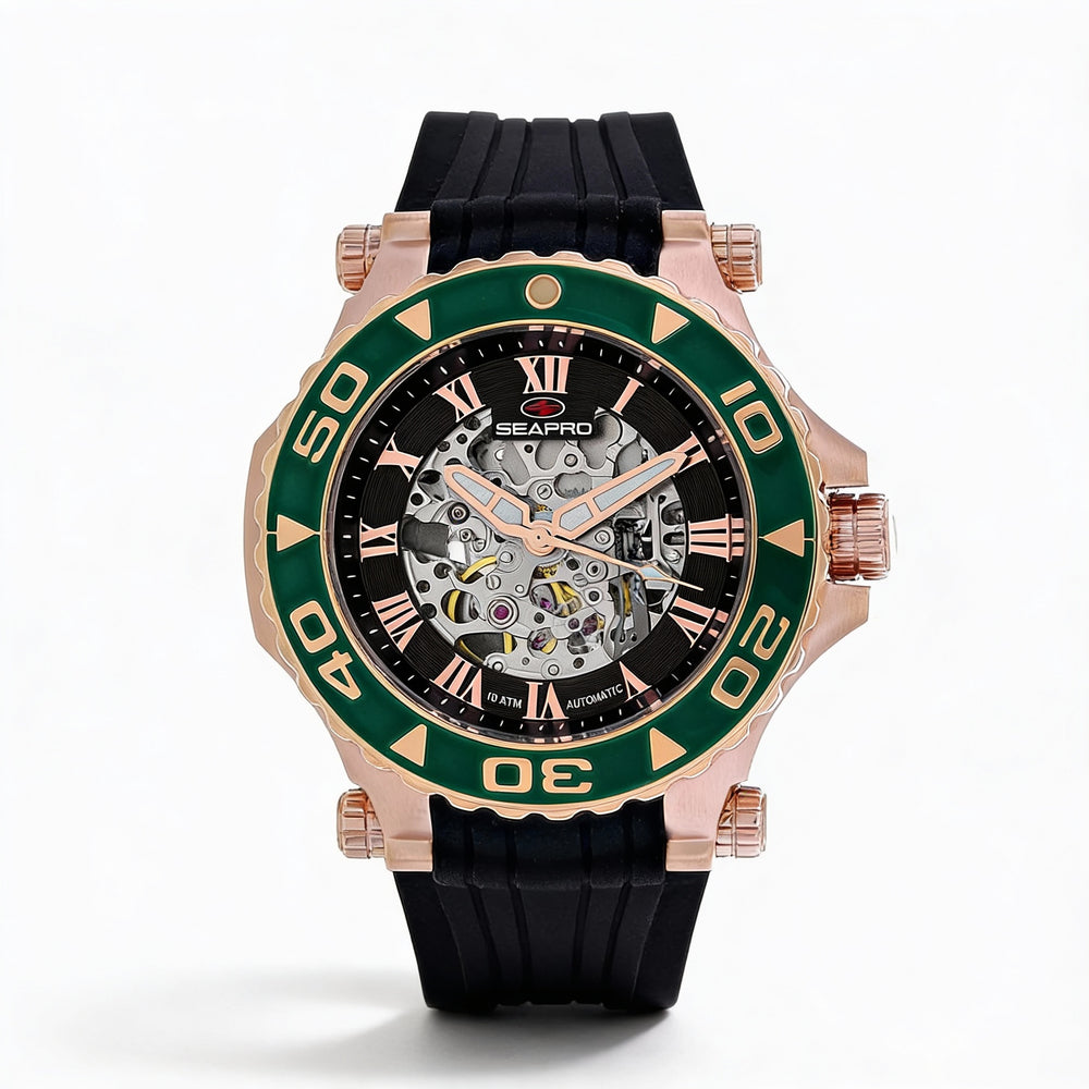 Reloj Seapro Modern para hombre, automático, con esfera negra, caja de acero inoxidable, correa de caucho, resistente al agua y a los arañazos.