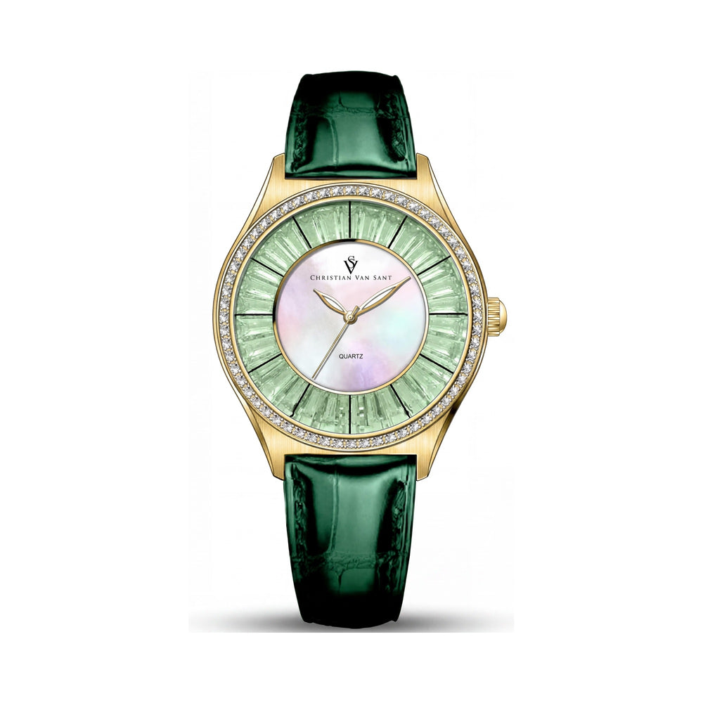Reloj Christian Van Sant para mujer con movimiento de cuarzo, esfera de nácar, correa de cuero y resistente al agua.