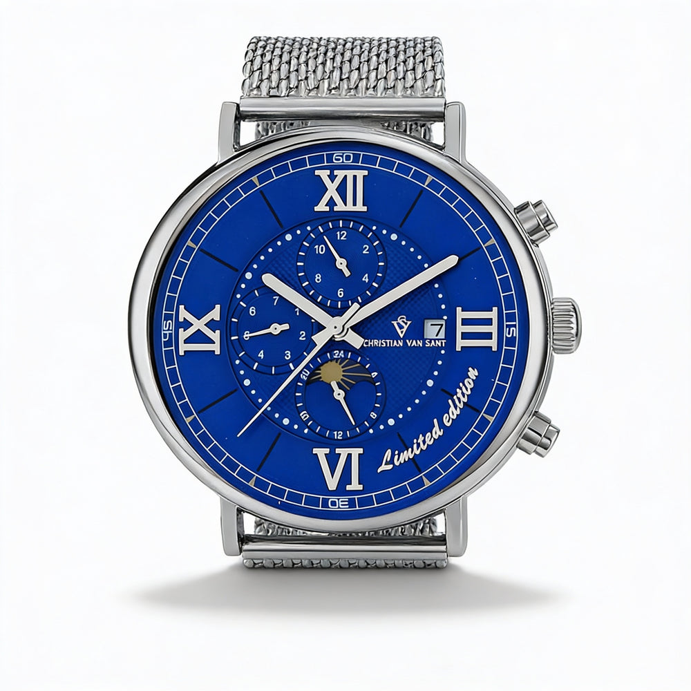 Reloj automático Christian Van Sant de acero inoxidable con esfera azul y pulsera de malla para hombre, resistente al agua.