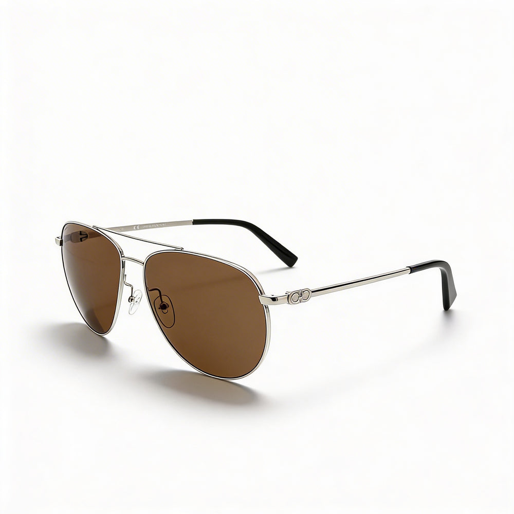 Gafas de sol unisex Salvatore Ferragamo estilo aviador con montura de metal plateado y lentes marrones con protección UV 60-15-140