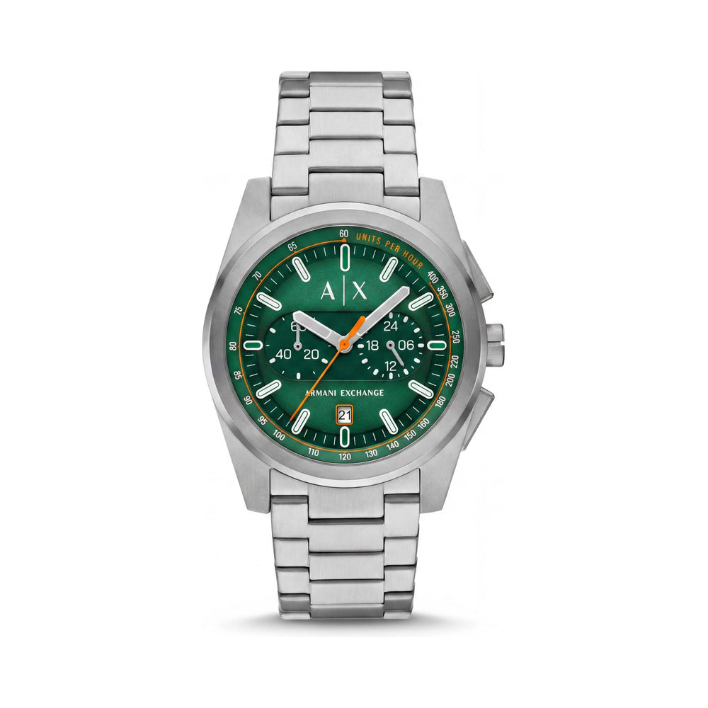 Reloj cronógrafo Armani Exchange para hombre de 42 mm, caja y pulsera de acero inoxidable plateado, esfera verde.