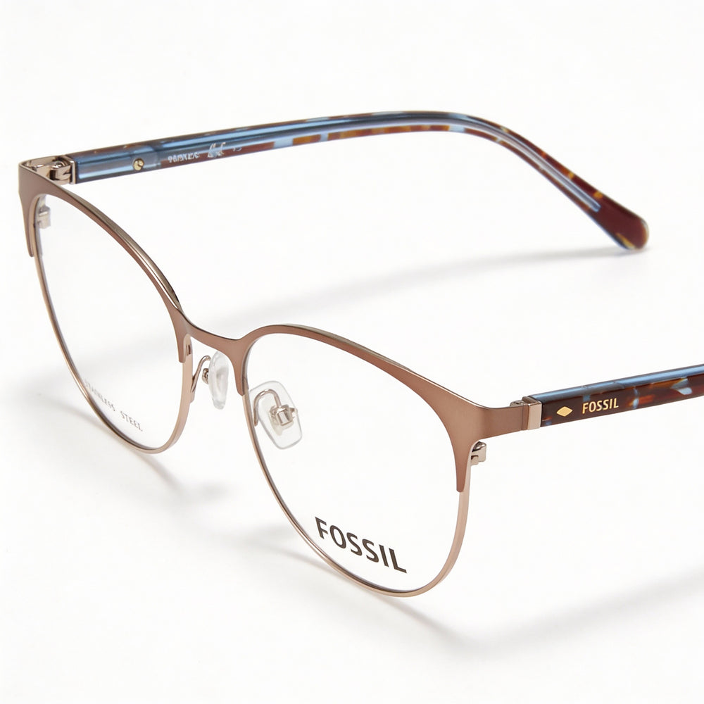 Gafas Fossil 7041 para mujer, redondas, de acero inoxidable y propionato, color marrón, 52-17-145