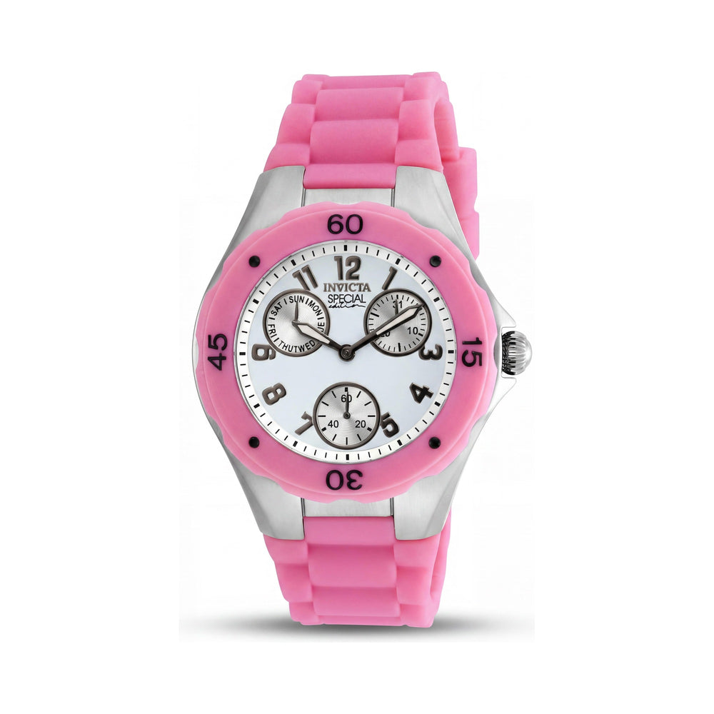 Invicta Angel Cronógrafo 18791 Reloj de mujer rosa blanco con caja de acero inoxidable y correa de silicona de 38 mm que brilla en la oscuridad