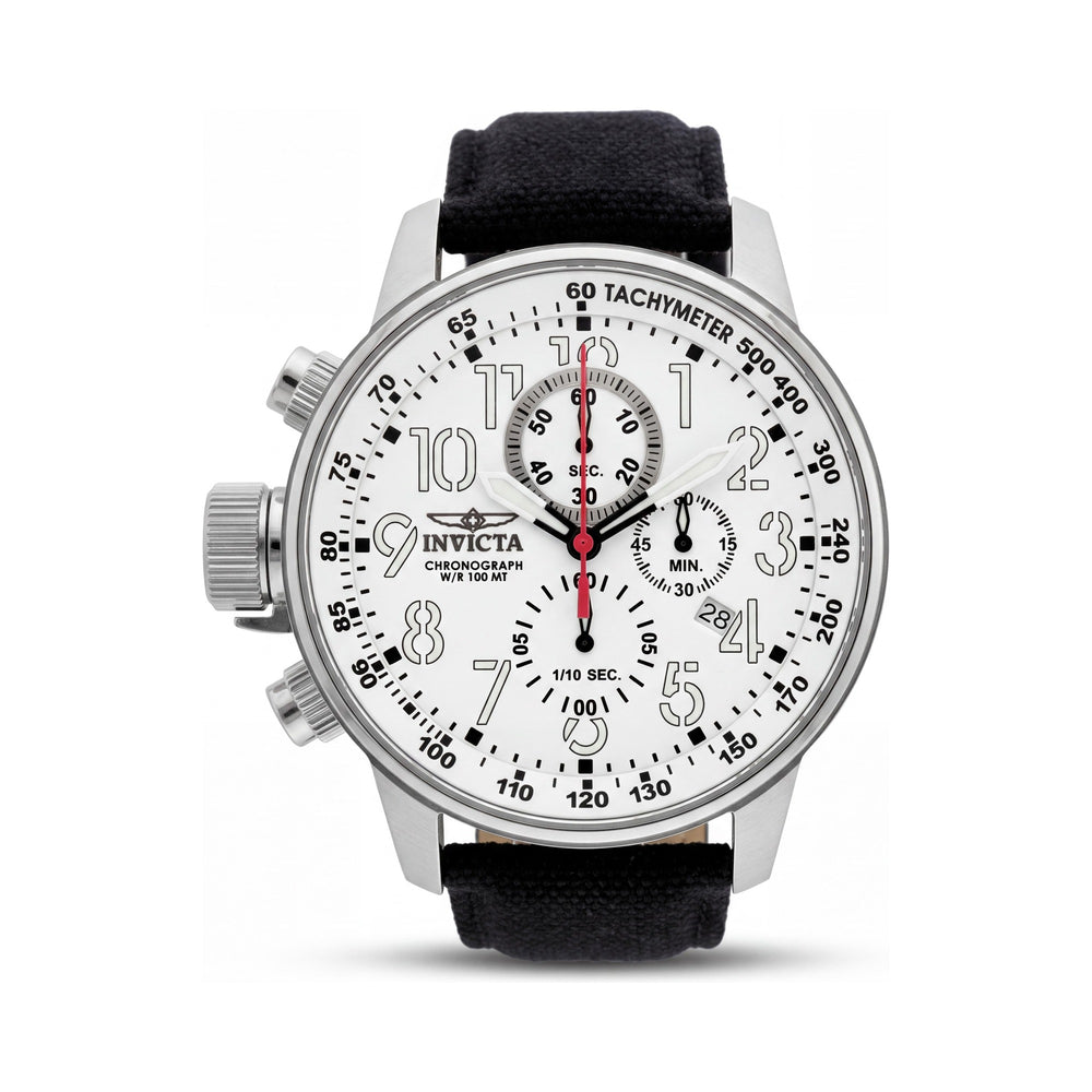 Reloj Invicta para hombre, cronógrafo con corona izquierda, caja de acero inoxidable de 46 mm, esfera blanca, correa de tela y manecillas luminiscentes.