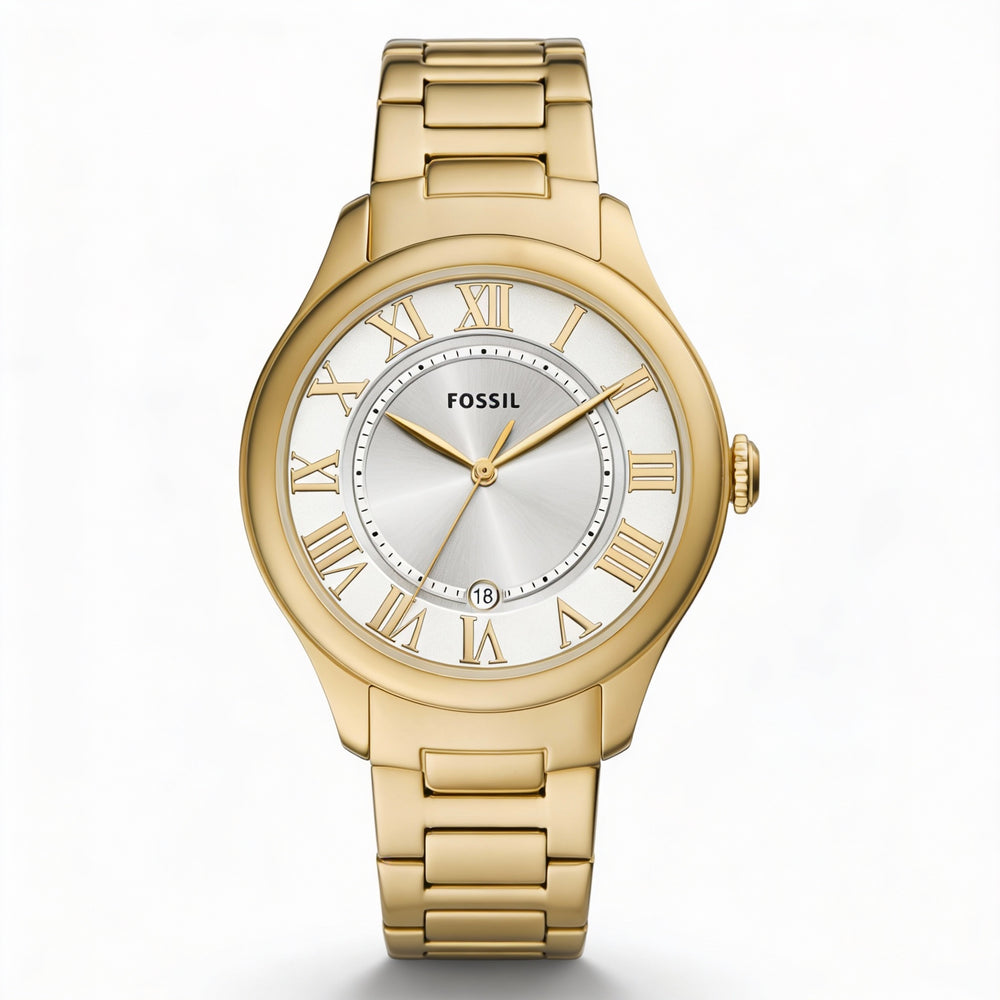 Reloj Fossil Gilmore para mujer con pulsera de acero inoxidable dorado, esfera con números romanos, fecha de tres manecillas y caja de 38 mm.