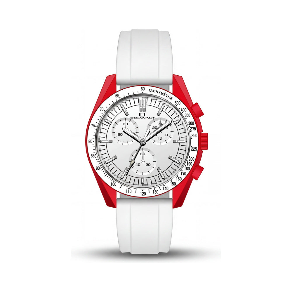 Reloj Oceanaut para hombre con esfera blanca, caja de plástico, correa de piel, movimiento de cuarzo, resistente al agua.