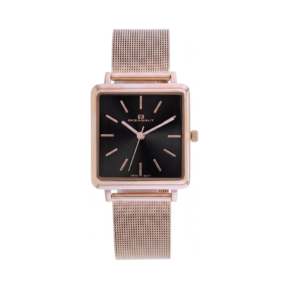 Reloj de cuarzo Oceanaut para mujer, caja y pulsera de acero inoxidable en oro rosa, esfera negra, resistente al agua hasta 30 m.