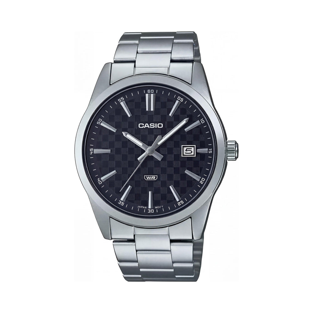 Reloj analógico de cuarzo unisex Casio MTP-VD03D-1A, acero inoxidable, plateado y negro, resistente al agua, caja de 34 mm
