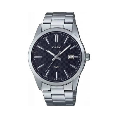 Reloj analógico de cuarzo unisex Casio MTP-VD03D-1A, acero inoxidable, plateado y negro, resistente al agua, caja de 34 mm