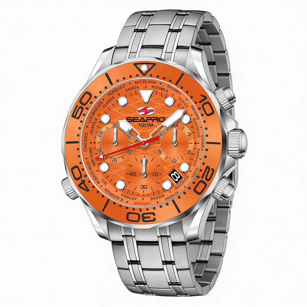 Seapro Modern Men's Orange Dial Stainless Steel Case & Bracelet Quartz Movement 100m Water Resistant Watch