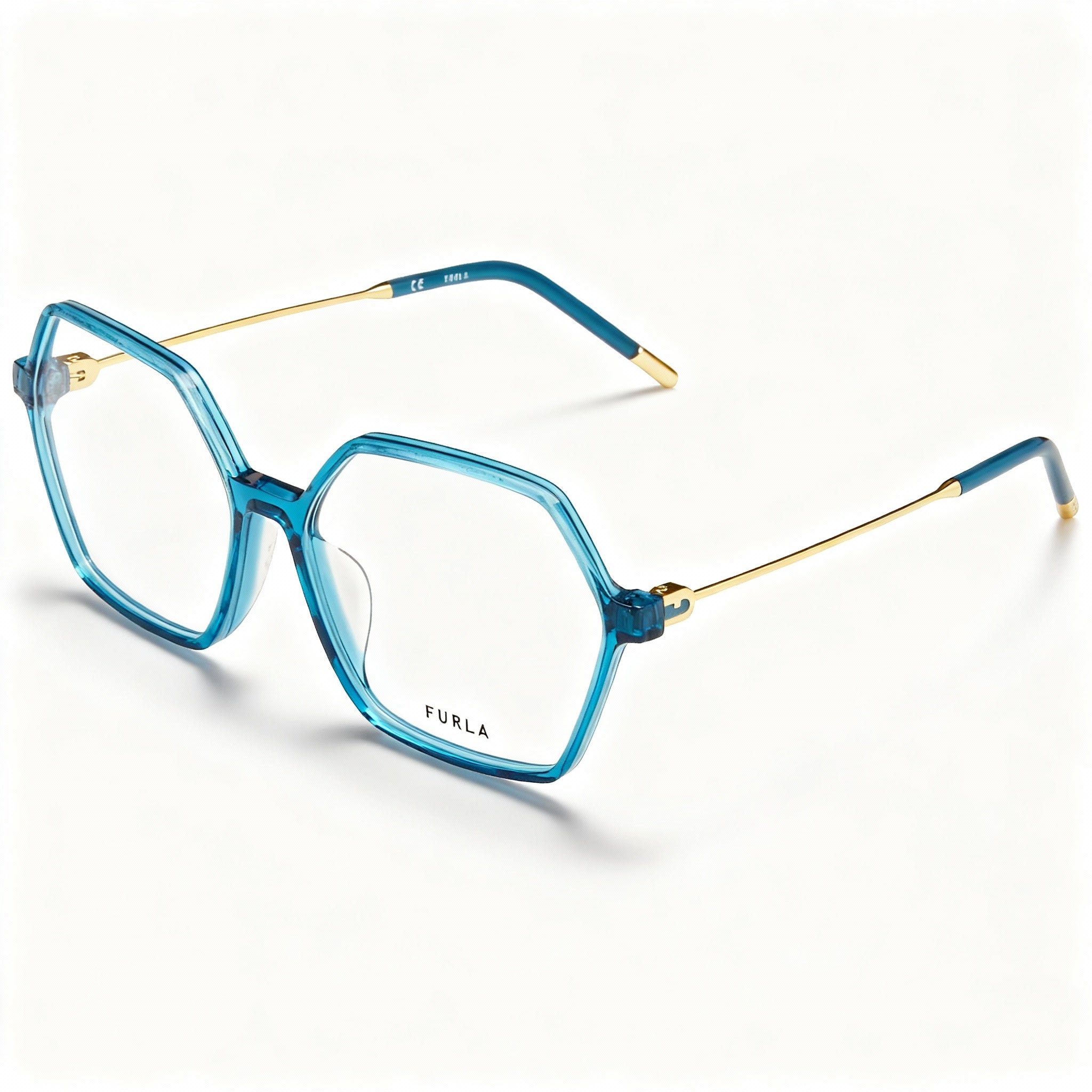 Furla VFU636 Women's Modern Geometric Full Rim Acetate Eyeglasses, Transparent Sky Blue, 54mm