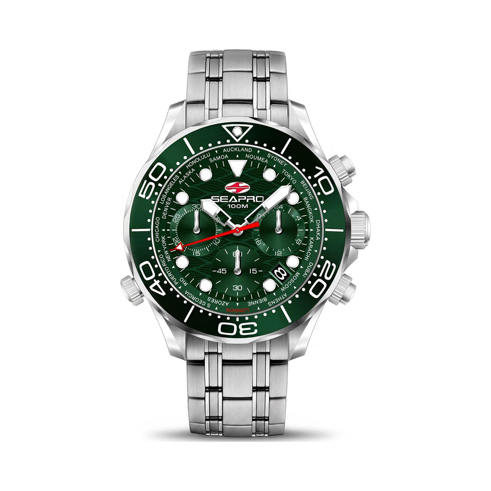 Reloj Seapro Modern para hombre con esfera verde, caja y pulsera de acero inoxidable, resistente al agua hasta 10 ATM.