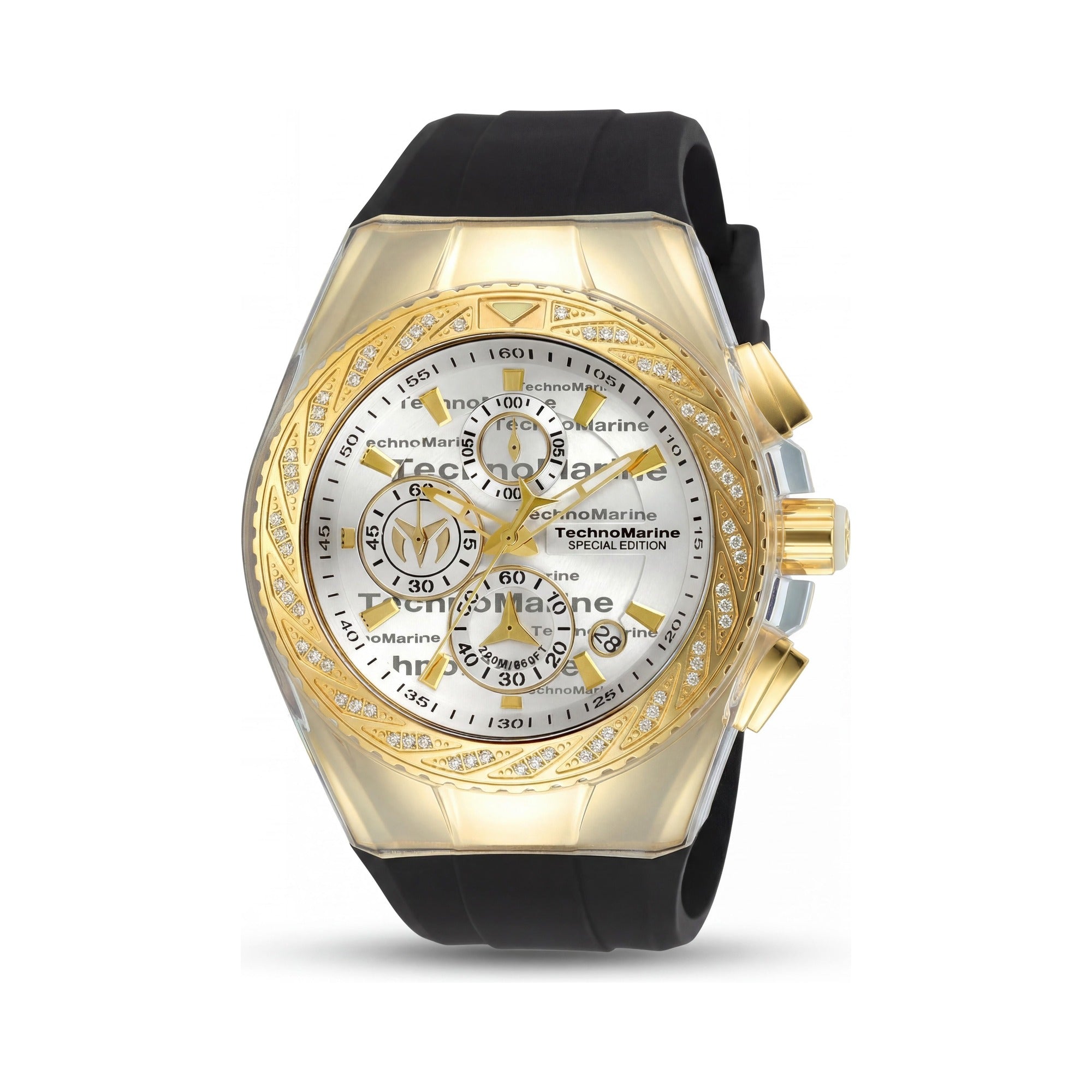 Reloj de cuarzo negro TechnoMarine para hombre, caja de 44,5 mm, que brilla en la oscuridad, correa de silicona, resistente al agua hasta 200 m, Photo 1
