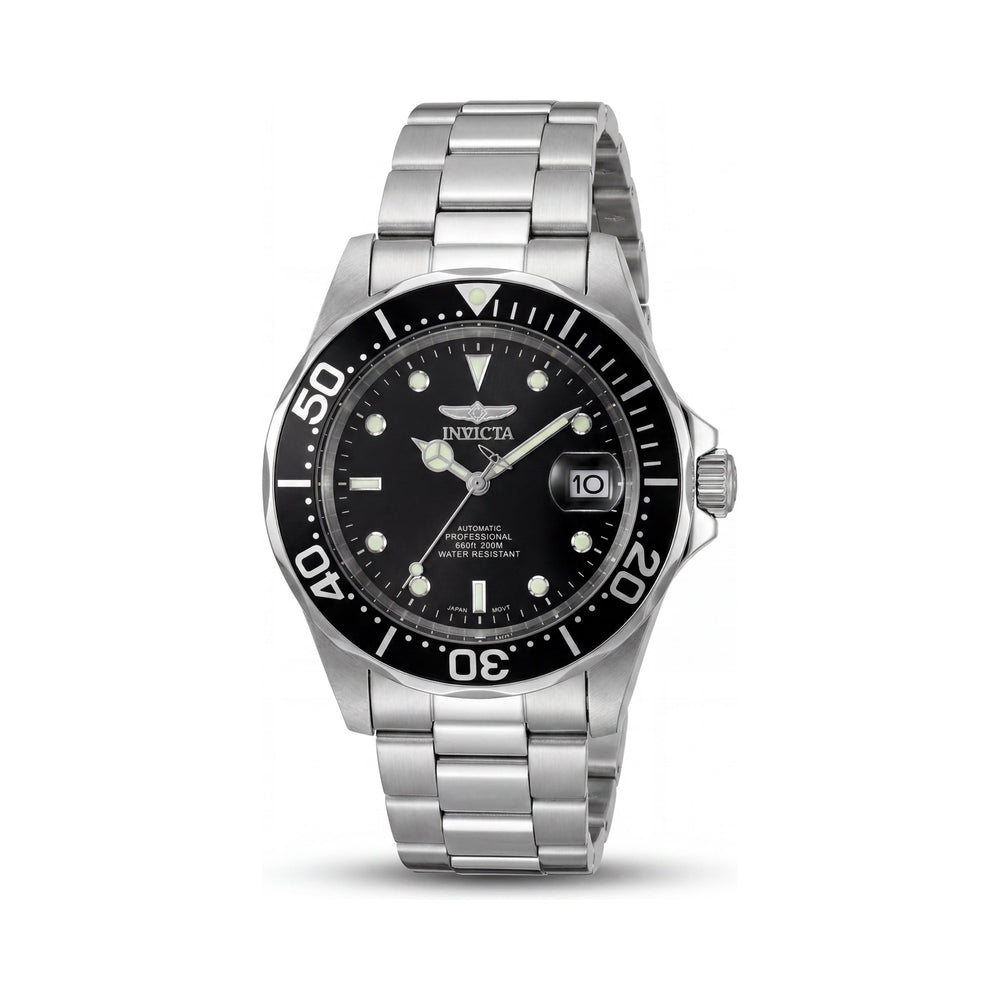 Reloj Invicta para hombre con correa, caja negra, acero inoxidable plateado, luminoso, resistente al agua 200 m, 38 mm