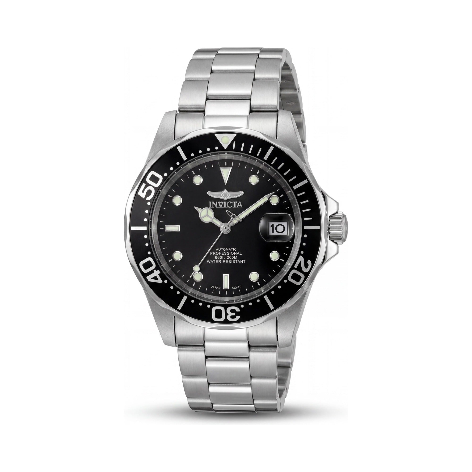 Invicta strappy Men's Black Case Silver Stainless Steel Luminous 200M Water Resistant Watch 38mm, Photo 1