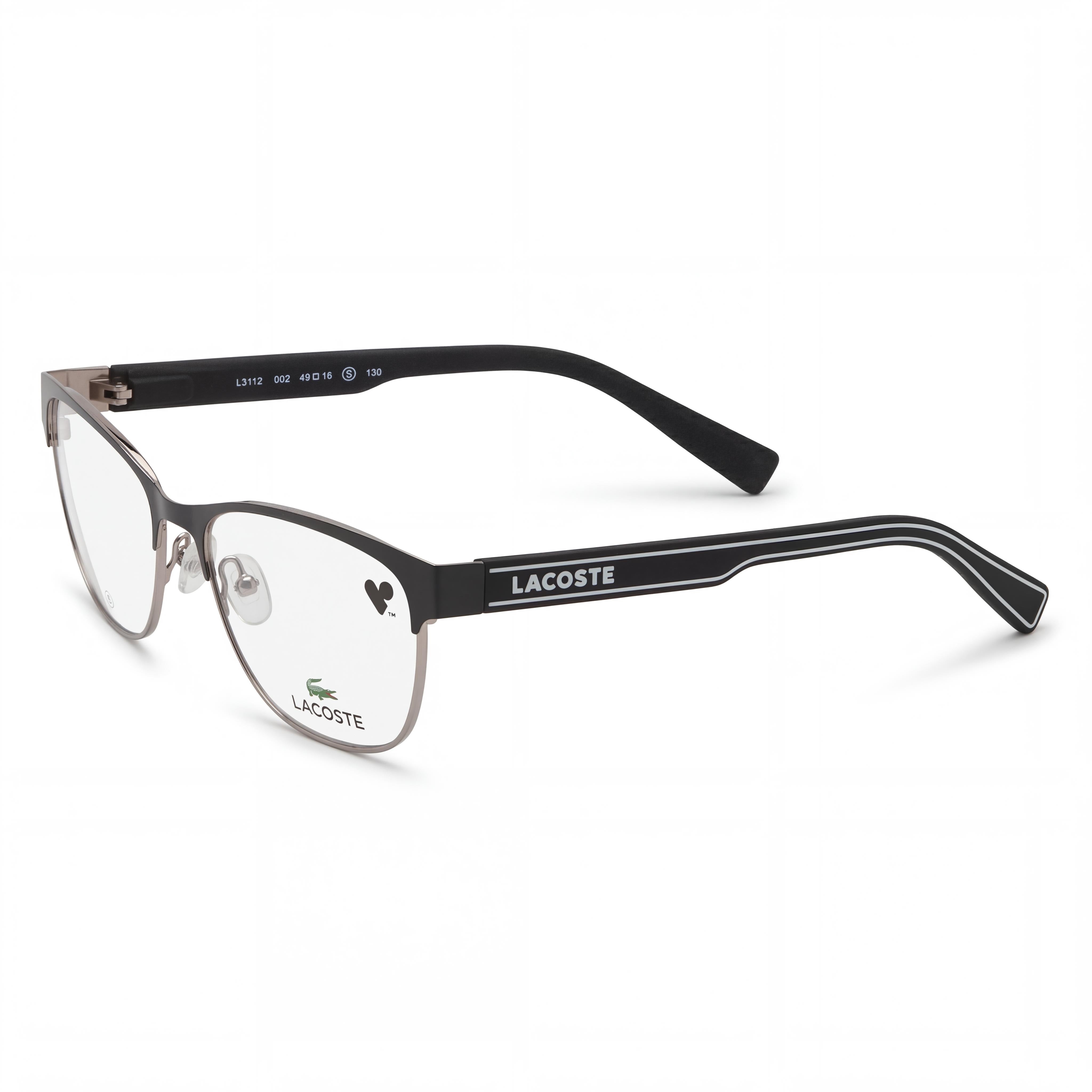 Lacoste Casual L3112 Men's Eyeglass Frame, Matte Black Metal, Polycarbonate Demo Lenses, Size 49-16-130mm, Photo 1