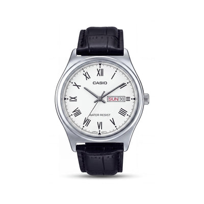 Casio mtp-v006l-7b Unisex Quartz Analog Watch, 38mm Round Case, White Dial, Black Leather Strap, Water Resistant