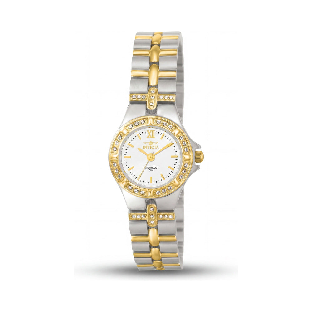 Invicta Reloj de cuarzo resistente al agua para mujer 0133 de acero inoxidable de dos tonos con detalles de cristal, esfera blanca, 22 mm