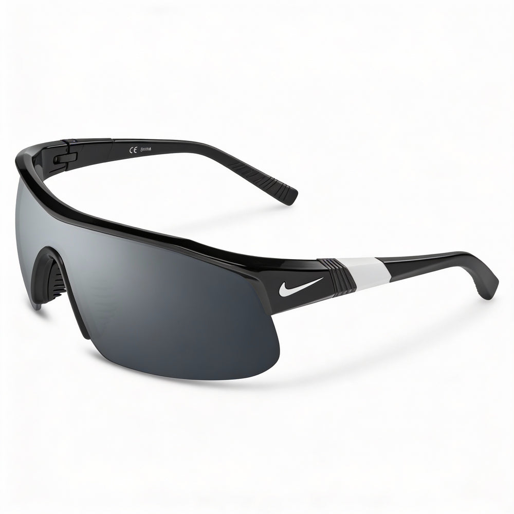 Gafas de sol Nike para hombre, montura de plástico negra con destellos plateados, lentes plateadas con protección UV 100 %, 58 mm