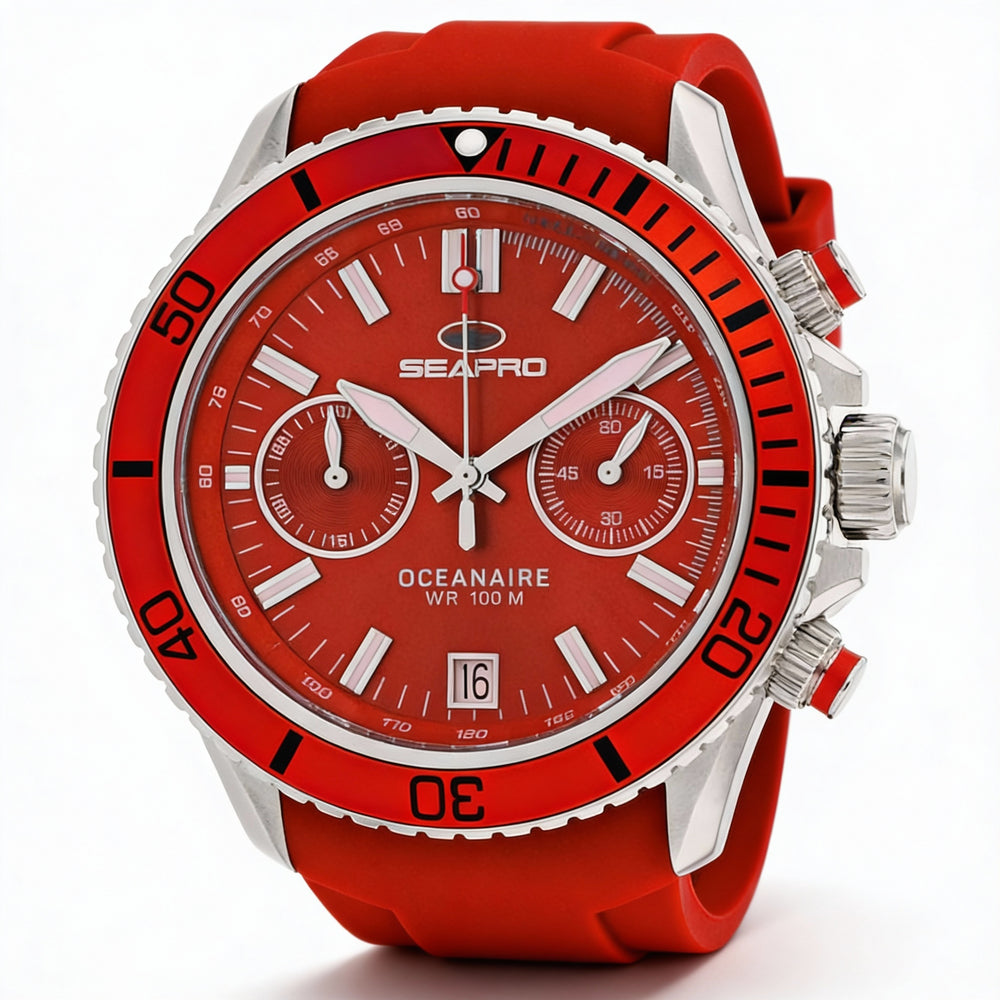 Seapro Modern Men's Red Dial Stainless Steel Case Silicone Strap Quartz Water Resistant Scratch Resistant Mineral Watch