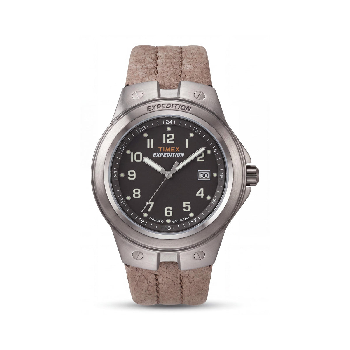 Timex Men's Rugged Outdoor Watch Brown Leather Strap, Silver-Tone Case, Black Dial, Water-Resistant, Indiglo 40mm, Photo 1