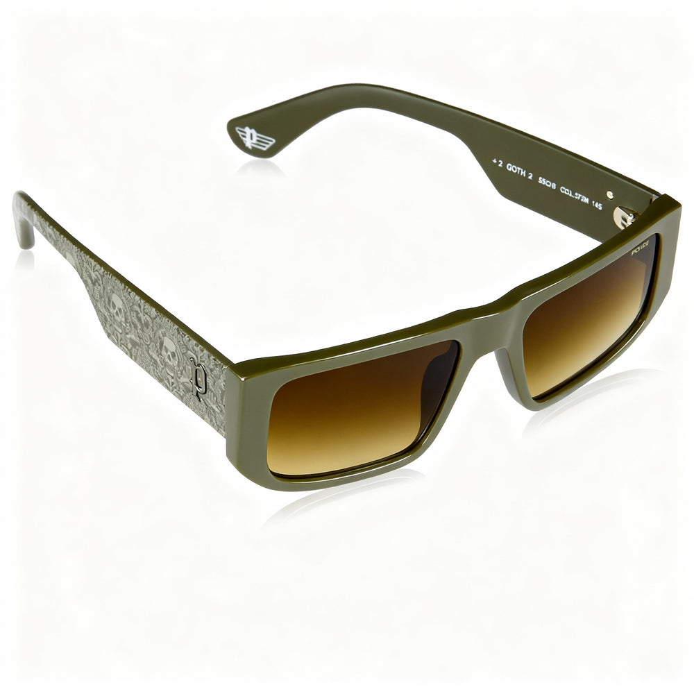 Gafas de sol cuadradas de policarbonato Police SPLL13 para hombre, estilo casual, con protección UV, montura verde oliva y lentes verdes degradadas de 55 mm.