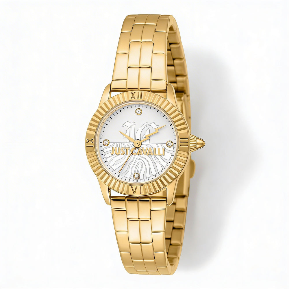 Reloj Just Cavalli de pulsera de cuarzo para mujer, 26 mm, acero inoxidable chapado en oro amarillo, esfera plateada gris