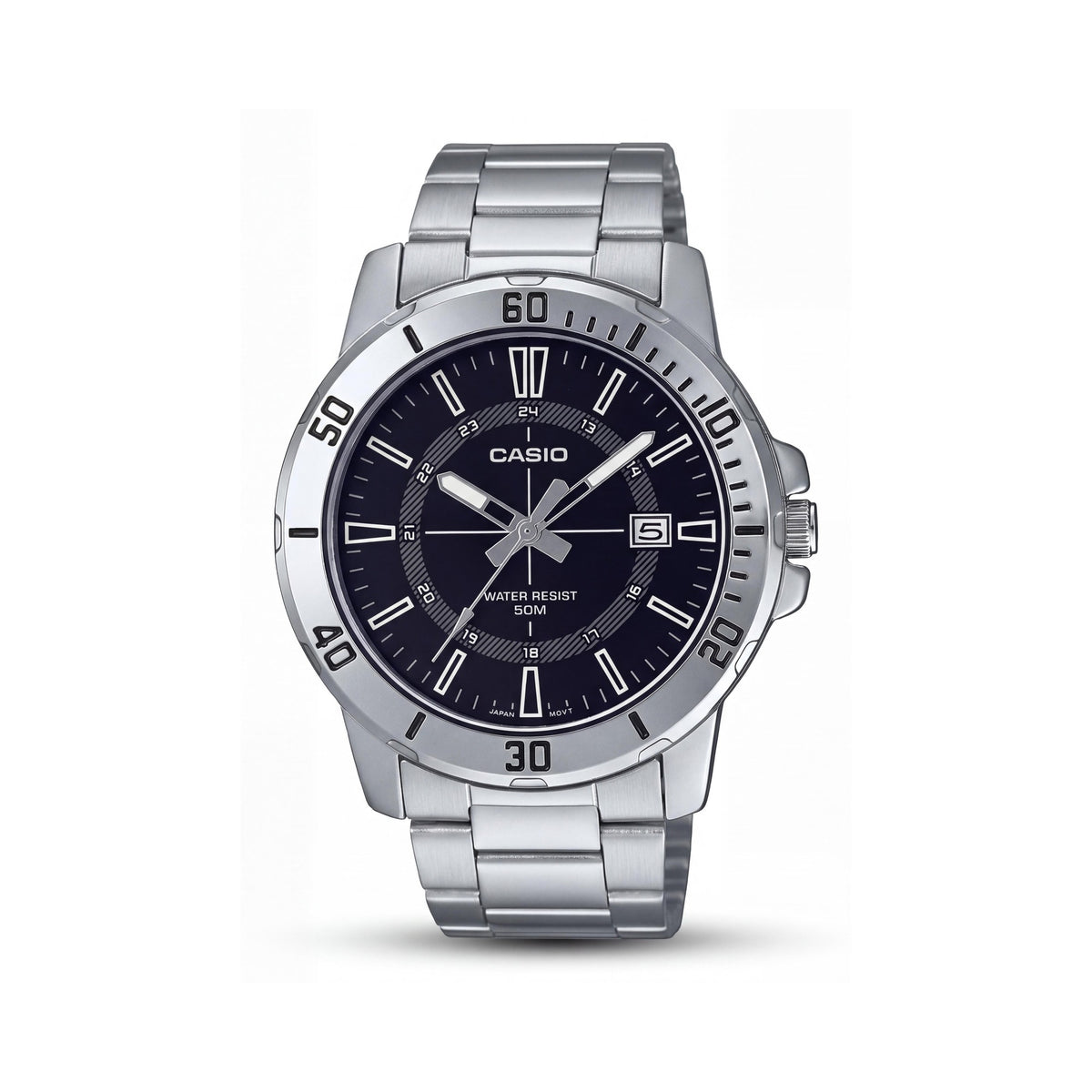 Casio MTP-VD01D-1CVUDF Men's Silver Stainless Steel Bracelet Watch, 43mm, Water Resistant, Chronograph, Luminous, Photo 1