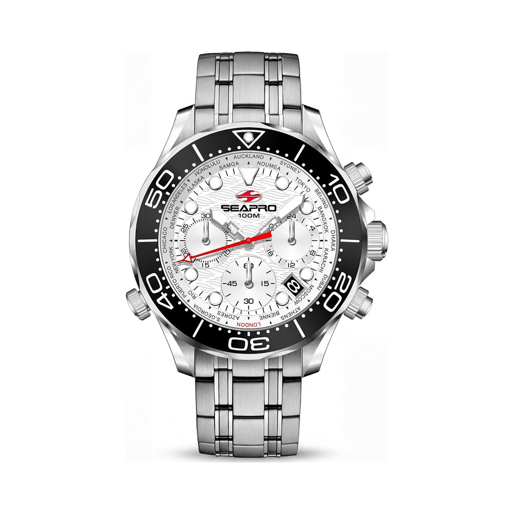 Reloj Seapro Mondial Timer SP0151 para hombre con caja y brazalete de acero inoxidable, esfera blanca y resistencia al agua de 10 ATM