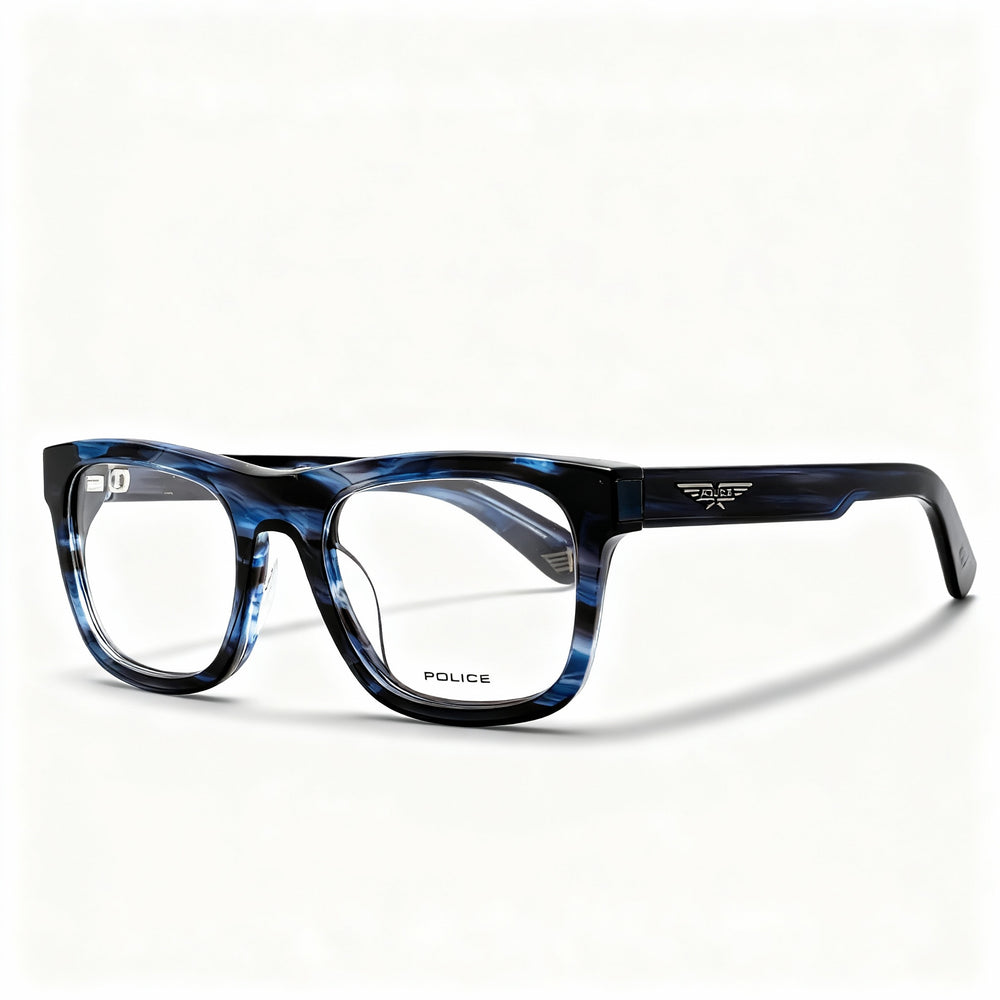 Gafas POLICE VPLE37 para hombre, montura de plástico, estilo casual, azul brillante con vetas, lentes transparentes no polarizadas, 52 mm