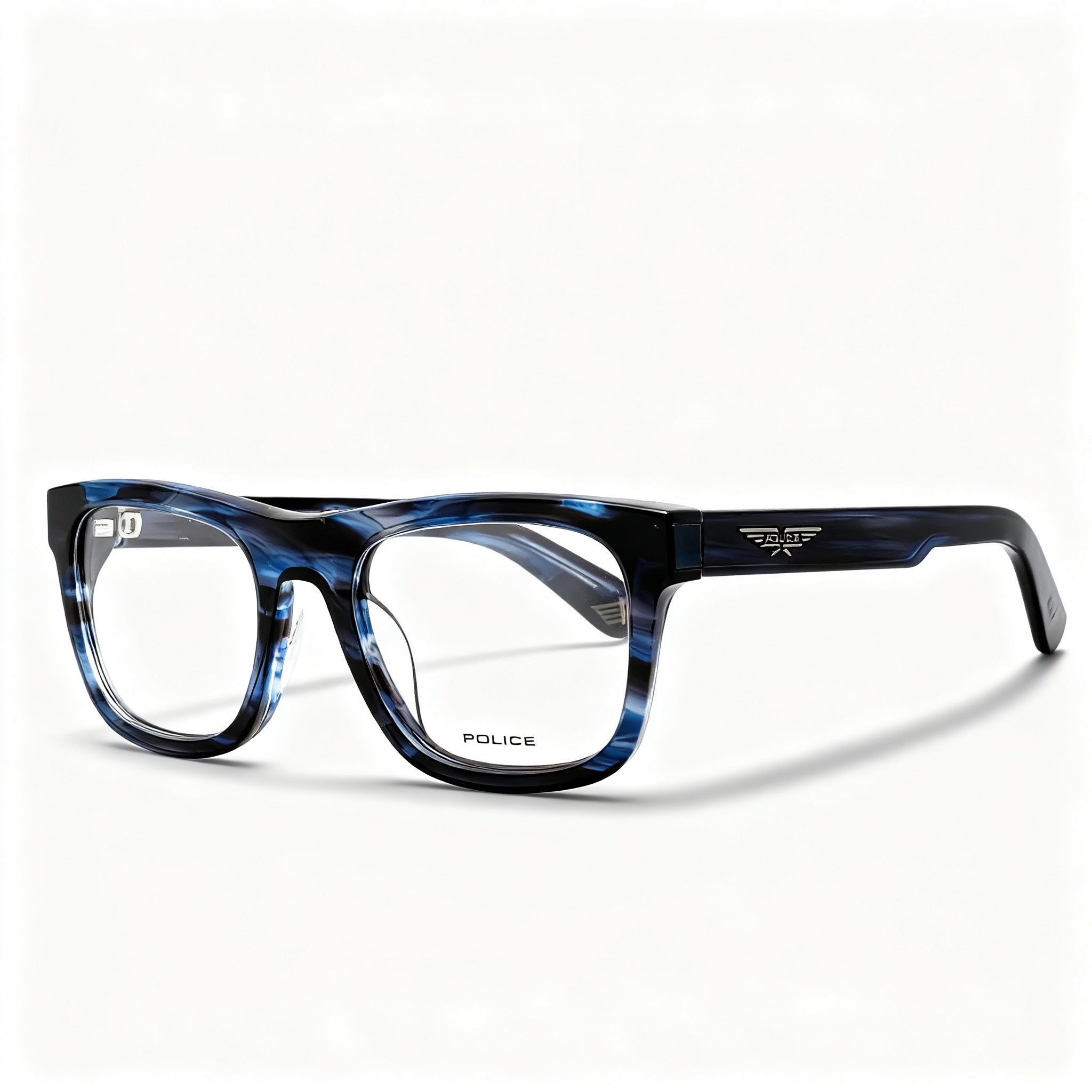 POLICE VPLE37 Men's Casual Plastic Frame Glasses, Shiny Streaked Blue, Clear Non-Polarized Lenses, 52mm