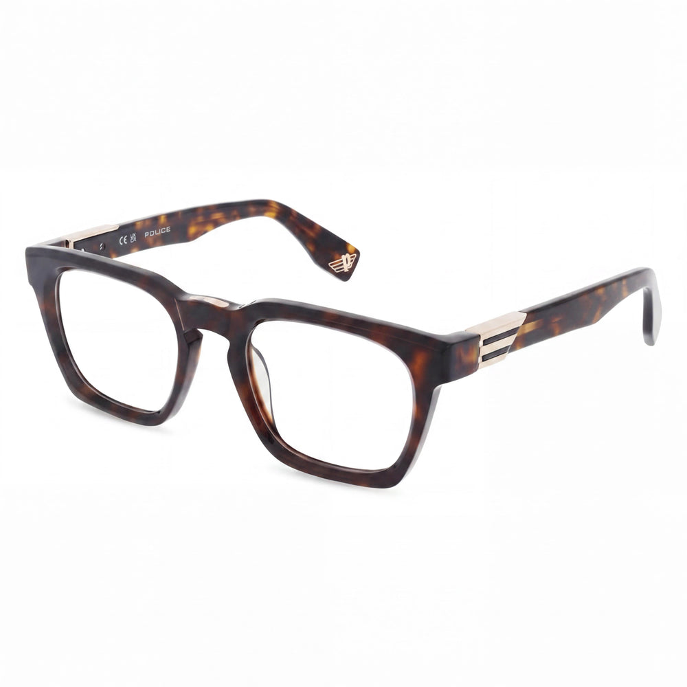 Police Casual Men's Shiny Black Acetate Eyeglass Frames with Demo Lenses, 51mm Lens Width, 145mm Bridge