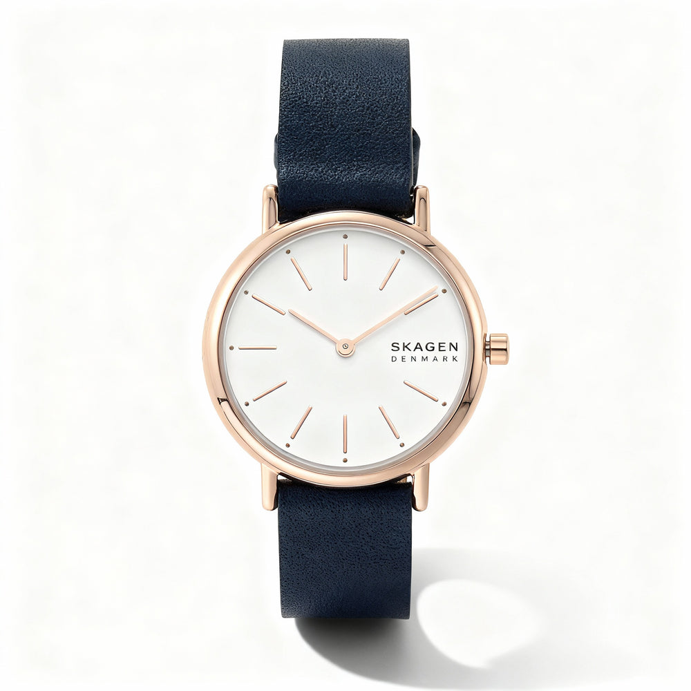 SKAGEN DENMARK Signatur Lille Women's 30mm Rose Gold Stainless Steel Blue Leather White Dial Watch