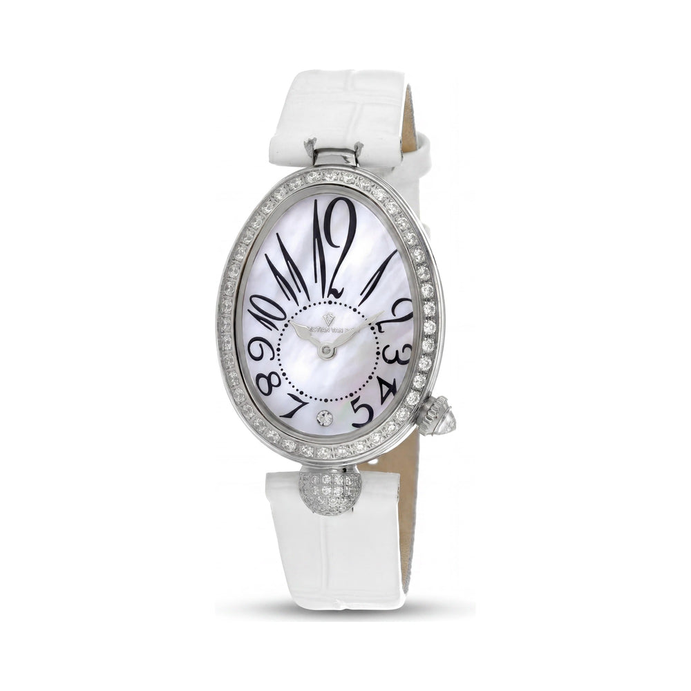 Reloj de cuarzo clásico Christian Van Sant para mujer, resistente al agua, con correa de piel blanca y esfera de nácar.