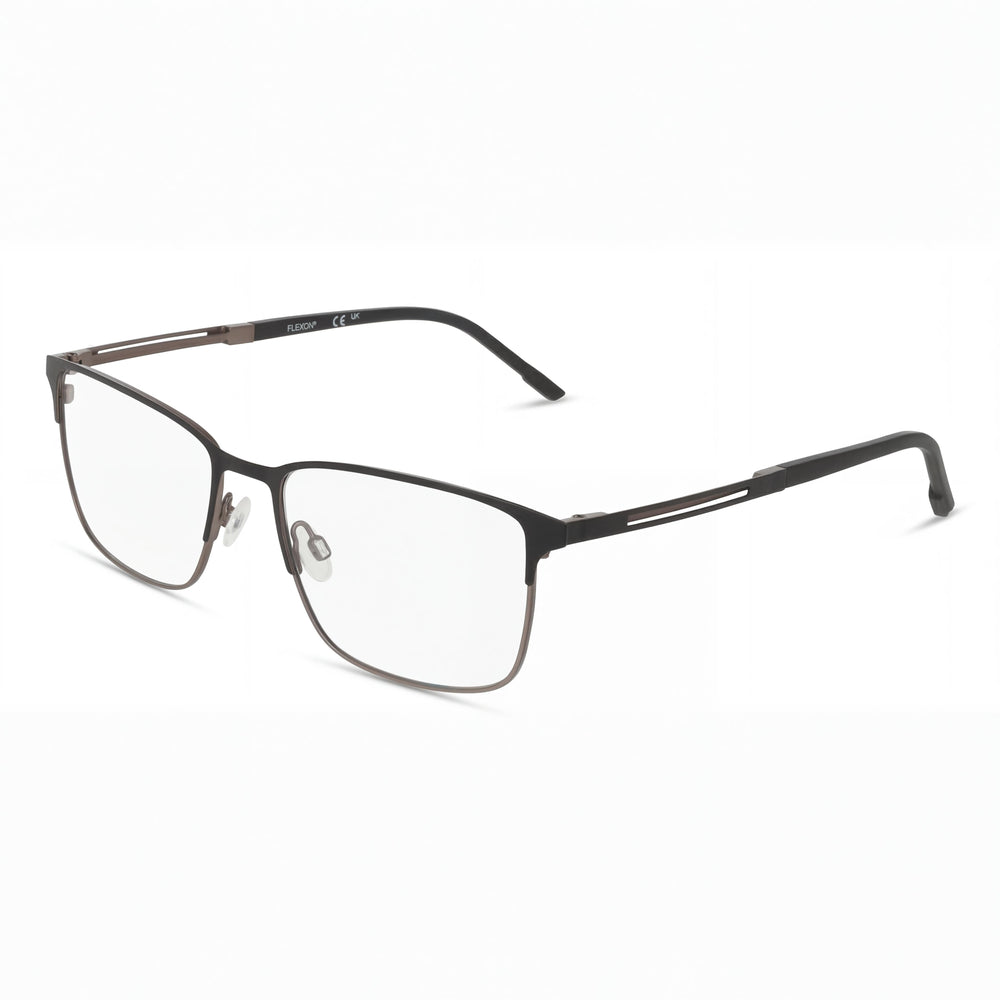 Montura de gafas oftálmicas Flexon E1160 para hombre en negro mate, ancho de lente de 57 mm, puente de 18 mm y longitud de patilla de 150 mm.