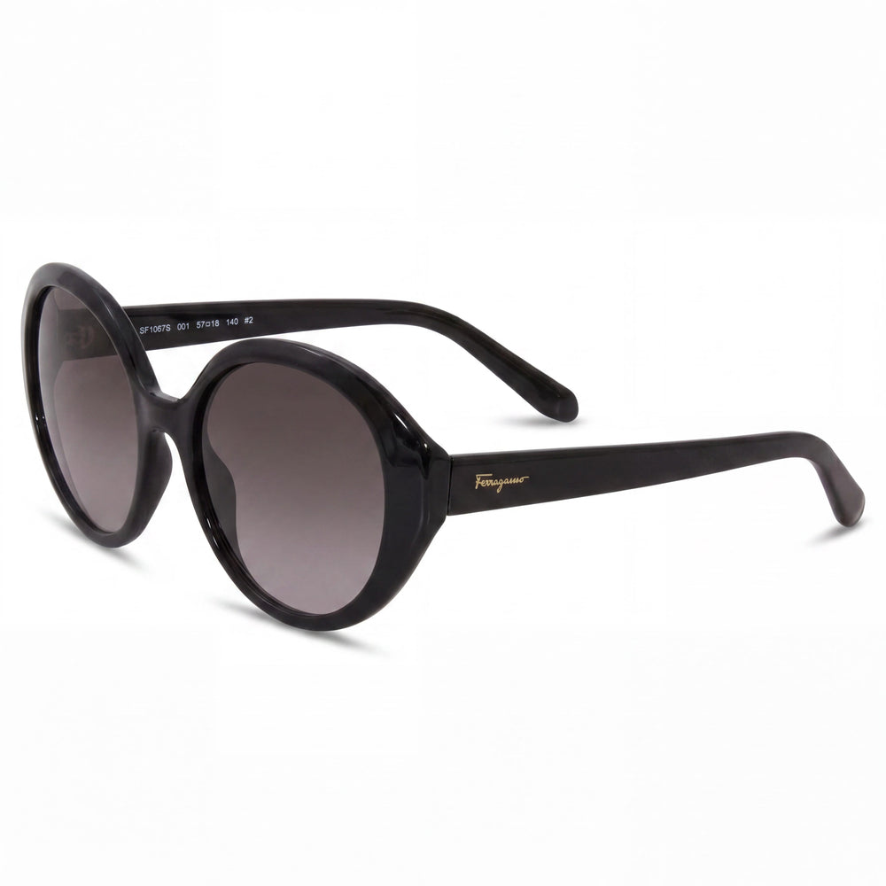 Salvatore Ferragamo Classic Women's Black Gold-logo Plastic Grey Gradient 100% UV Round Sunglasses 57mm