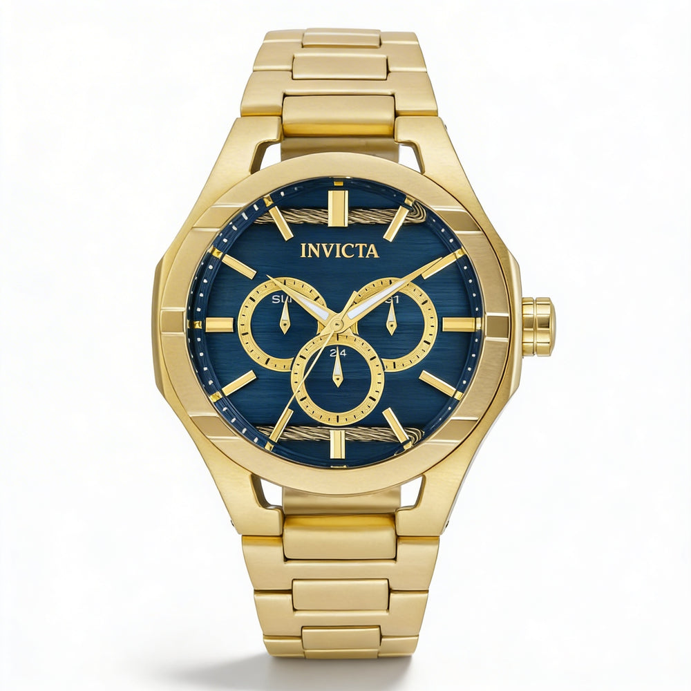 Invicta bracelet Men's Gold Tone Stainless Steel Blue Dial Water Resistant Day Date 24-Hour 48mm Watch