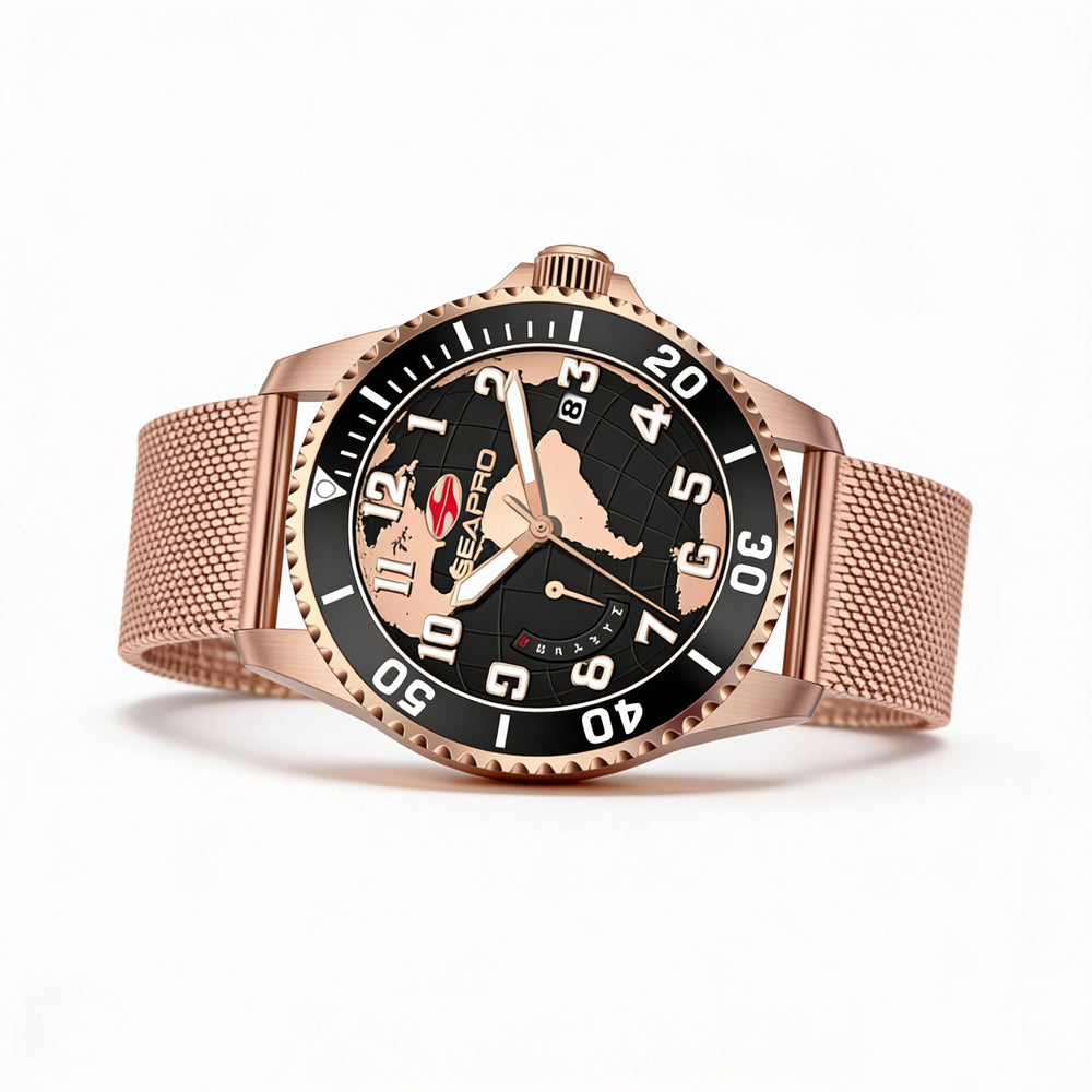 Seapro Men's Black Stainless Steel Quartz Watch, Water-Resistant, Scratch-Resistant Mineral Crystal