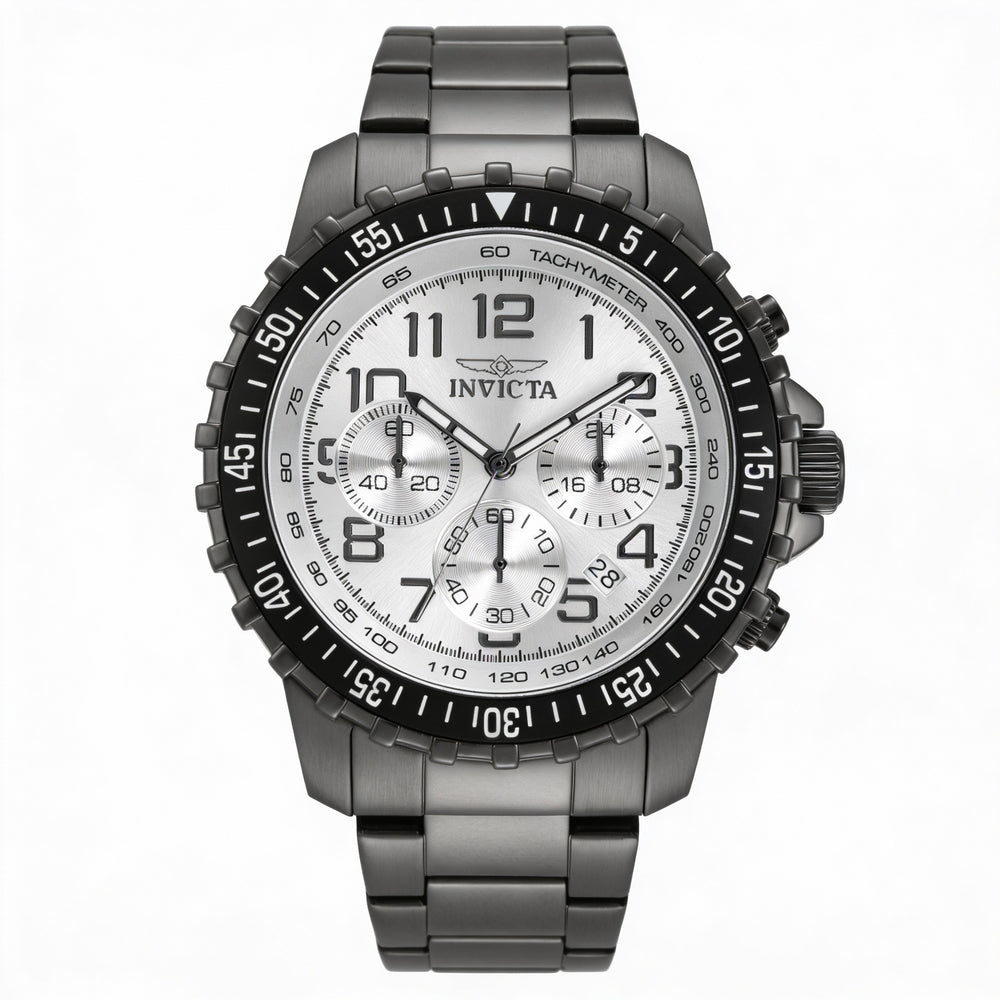 Invicta Men's Chronograph Silver-Tone Dial, Black Bezel, Gunmetal Stainless Steel Luminous Watch 45mm