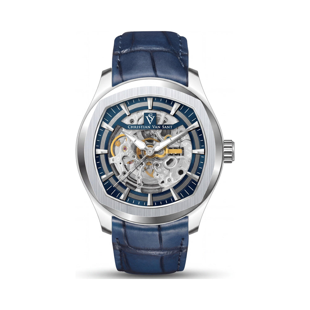 Christian Van Sant Modern Men's Blue Dial Automatic Watch, Stainless Steel Case, Leather Strap, 5 ATM Water Resistant