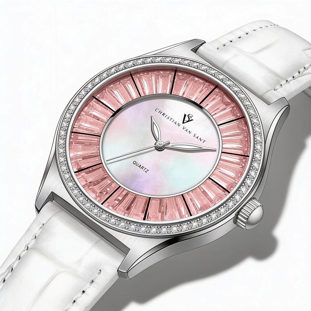 Christian Van Sant Women’s Quartz Movement Watch, Mother of Pearl Dial, Stainless Steel Case, Leather Strap