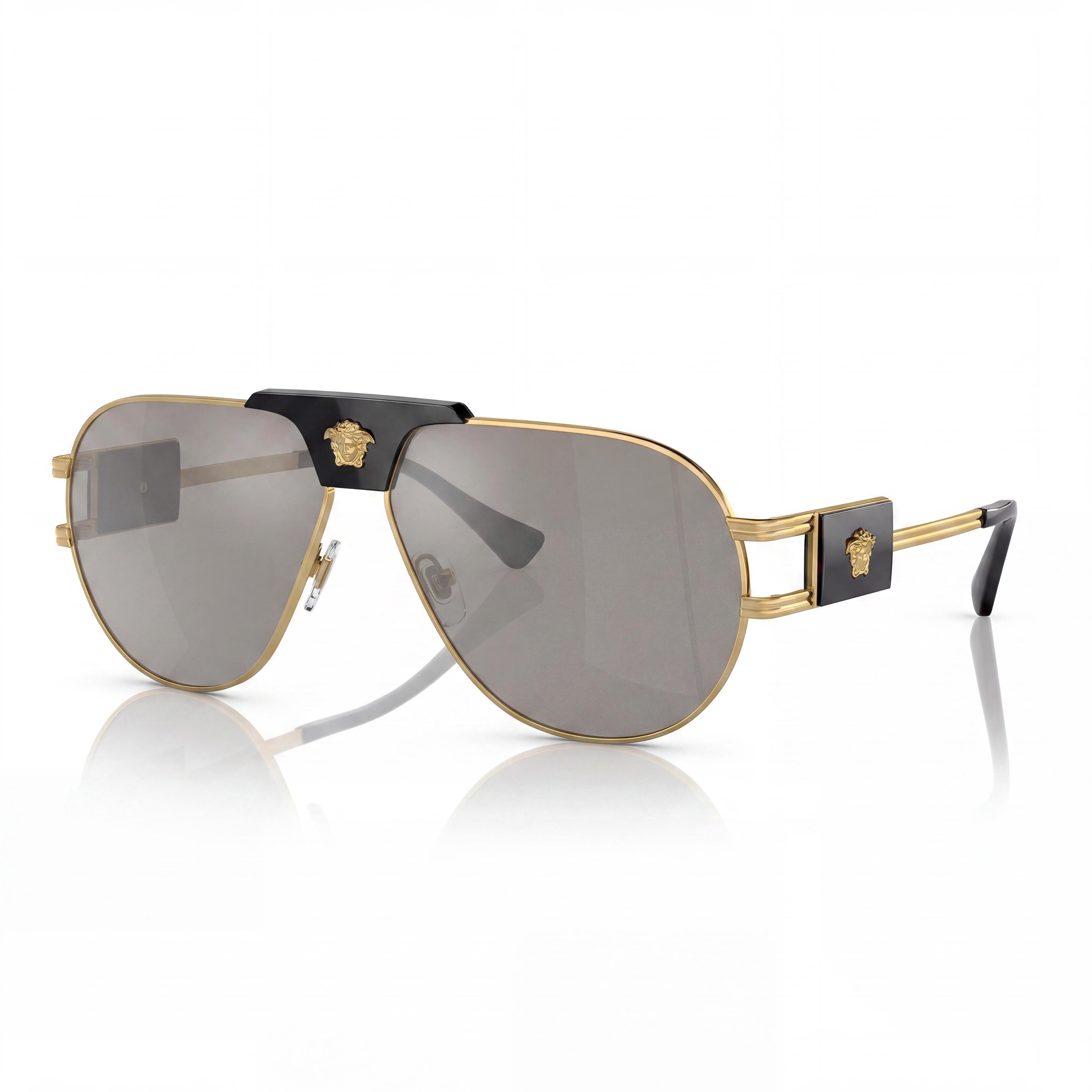 Versace Contemporary Unisex Metal Frame Sunglasses Gold Black Light Grey Mirror Silver Non-Polarized with UV Protection 63mm, Photo 1