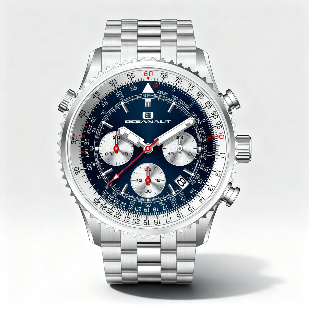 Reloj cronógrafo Oceanaut de acero inoxidable para hombre, esfera azul, caja de 48 mm, resistente al agua hasta 100 m.