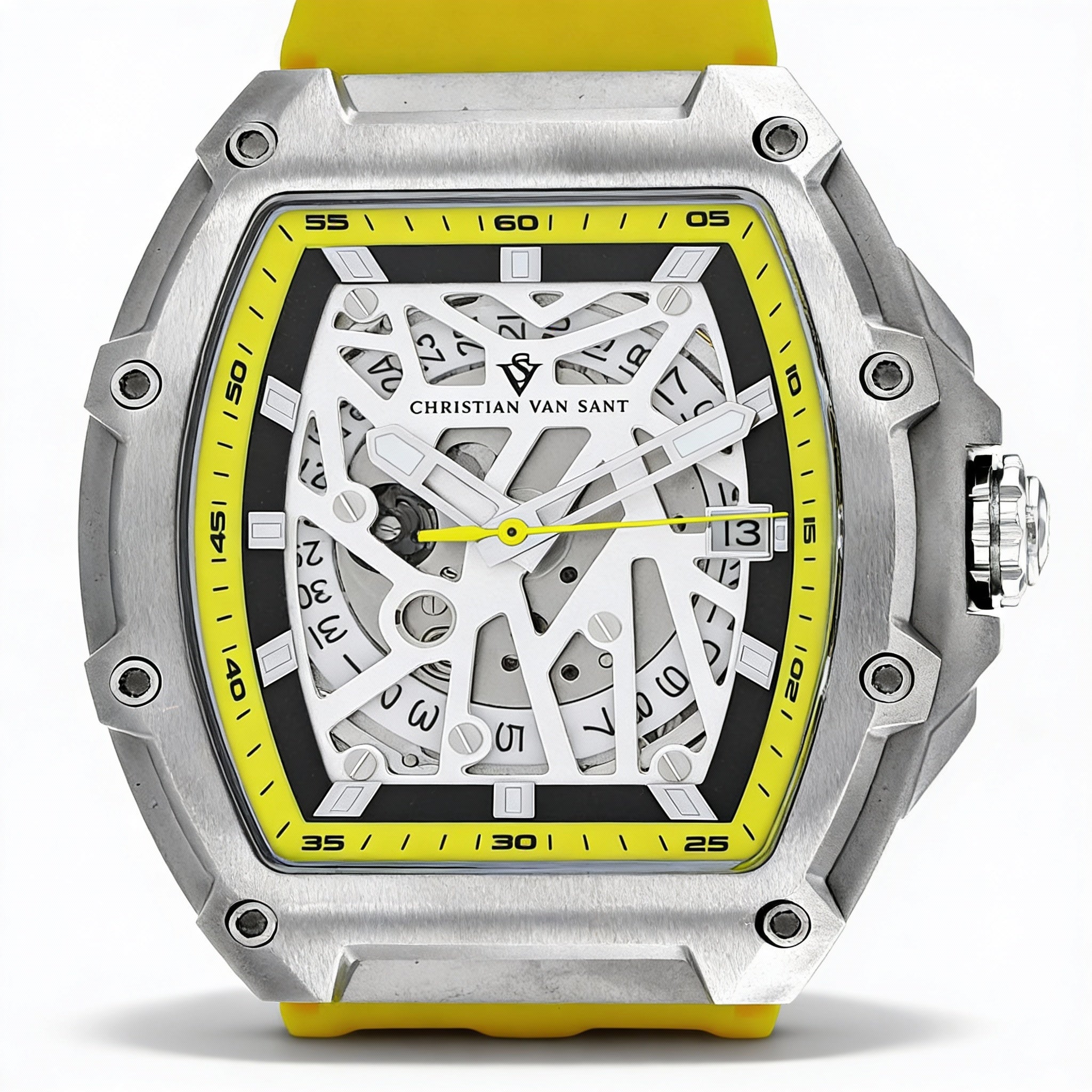 Reloj automático Christian Van Sant para hombre, caja de acero inoxidable amarillo, esfera blanca, correa de caucho, resistente al agua., Photo 1
