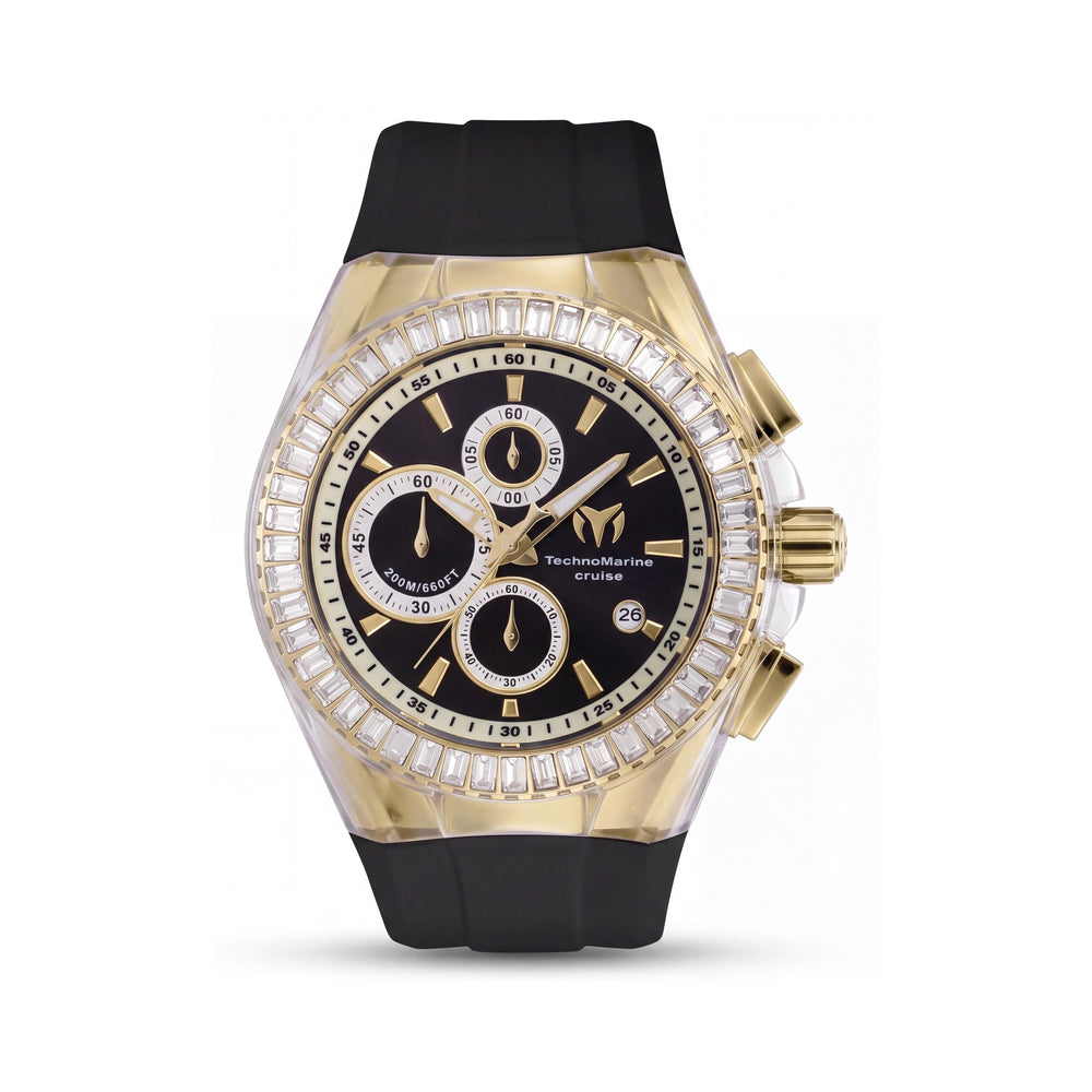 Reloj de cuarzo cronógrafo moderno Technomarine para hombre, acero inoxidable tono dorado, correa de silicona negra, 45 mm