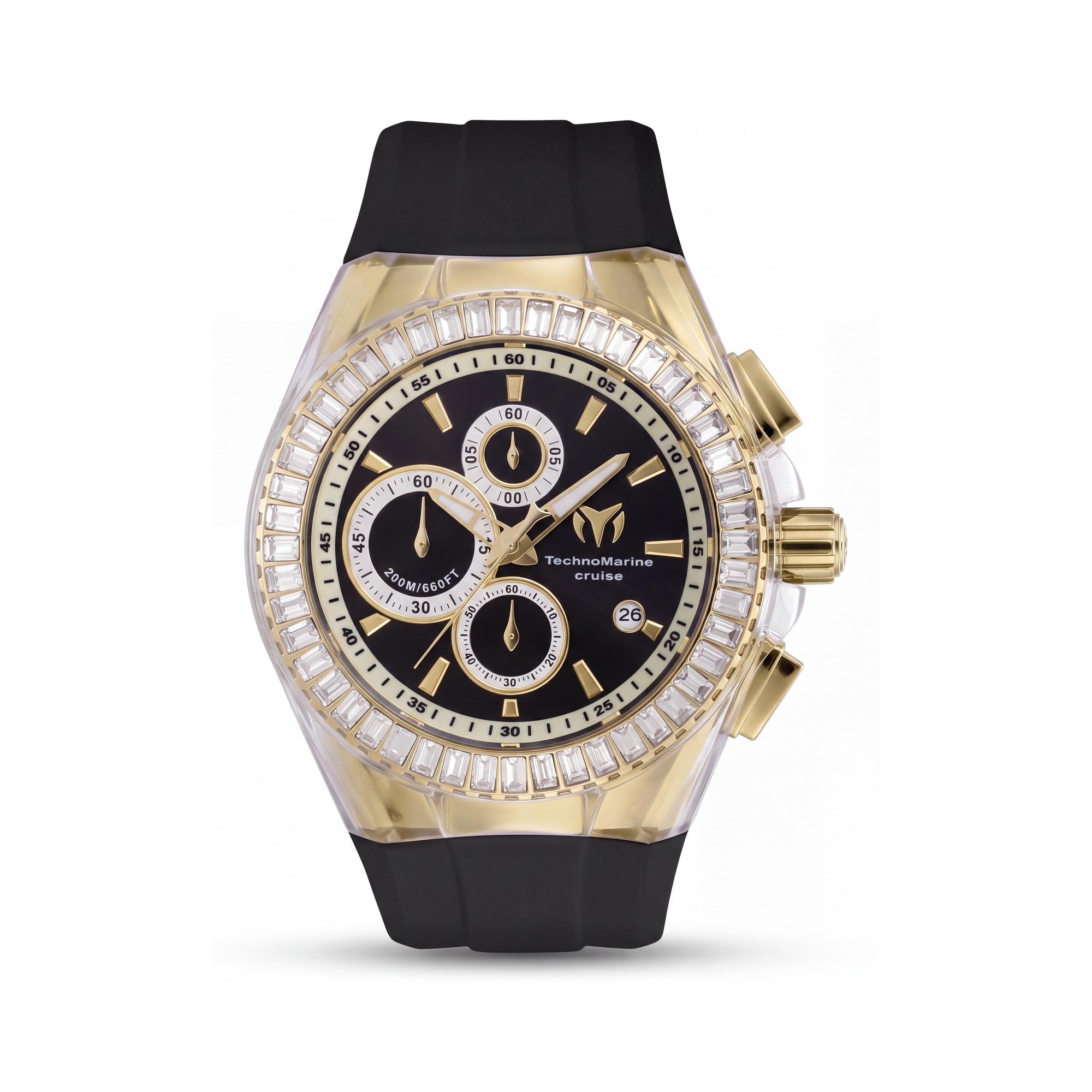 Reloj de cuarzo cronógrafo moderno Technomarine para hombre, acero inoxidable tono dorado, correa de silicona negra, 45 mm, Photo 1