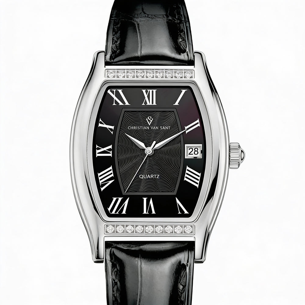 Christian Van Sant Modern Women's Black Stainless Steel Leather Quartz Water Resistant Watch with Scratch Resistant Mineral