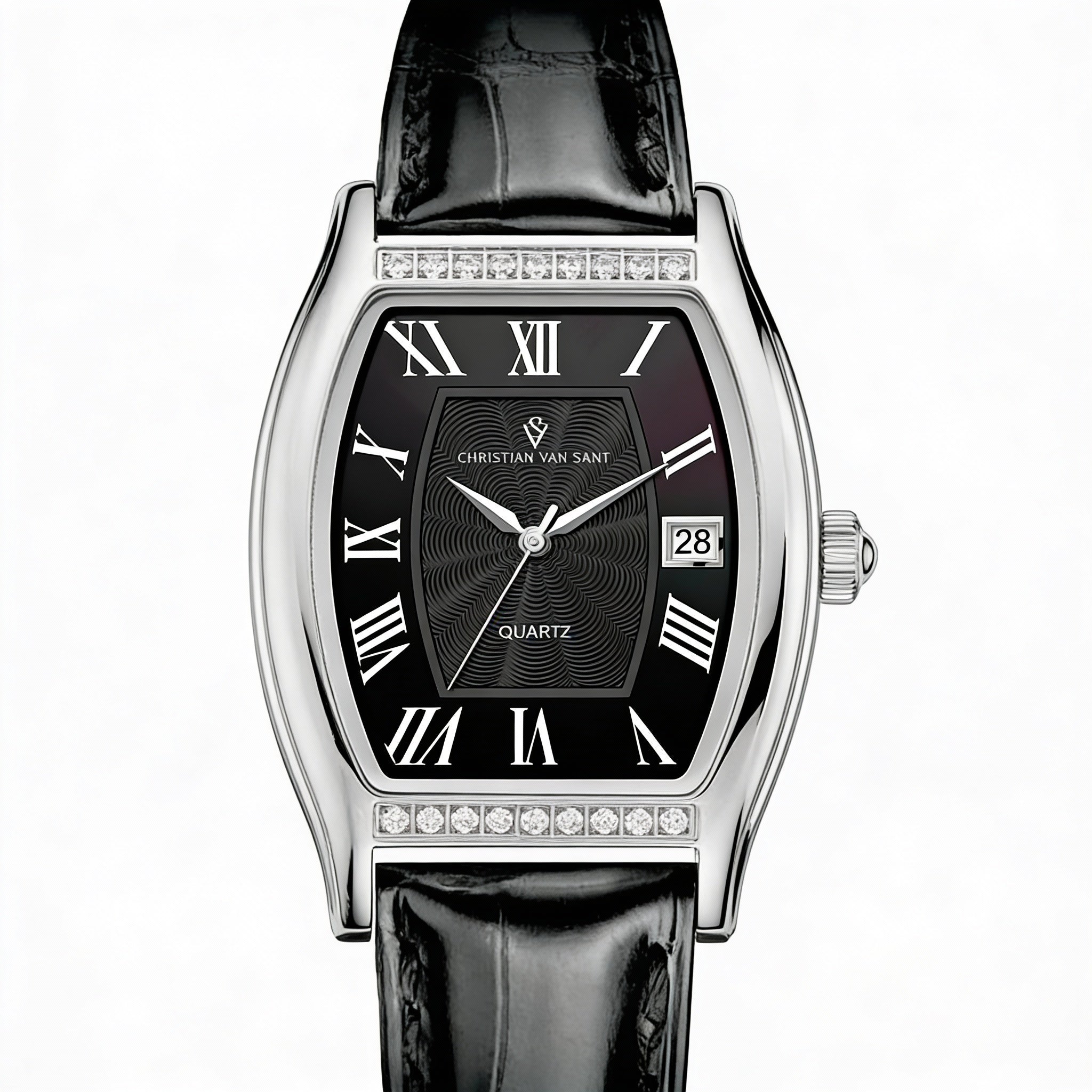 Christian Van Sant Modern Women's Black Stainless Steel Leather Quartz Water Resistant Watch with Scratch Resistant Mineral, Photo 1