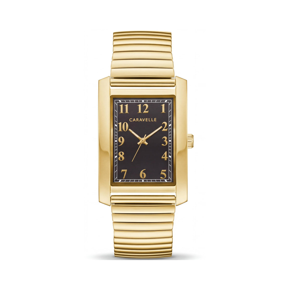 Reloj Caravelle para hombre, estilo elegante, de acero inoxidable en tono dorado con esfera negra y números arábigos, Photo 1